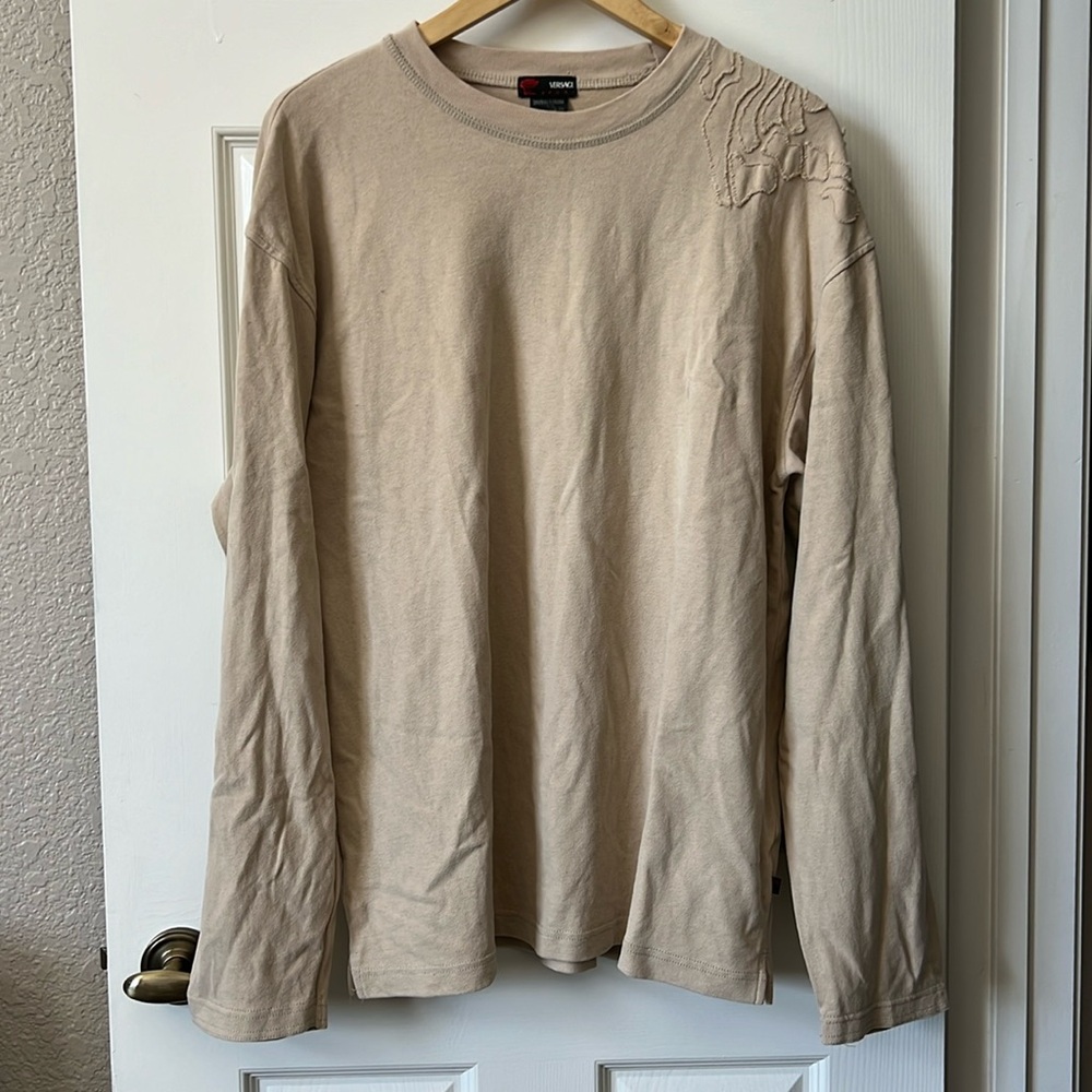 Mens Tan Crewneck Sweater with Embroidered design